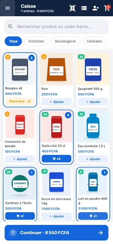 Caisse avec 7 articles au panier