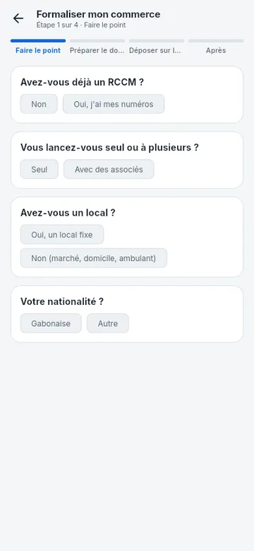 Parcours Formaliser mon commerce, étape 1 : faire le point