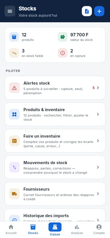 Écran Stocks : valeur, ruptures, inventaire
